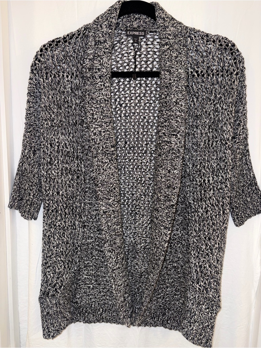 Express Marled Black & White Open-Front Knit Cardigan